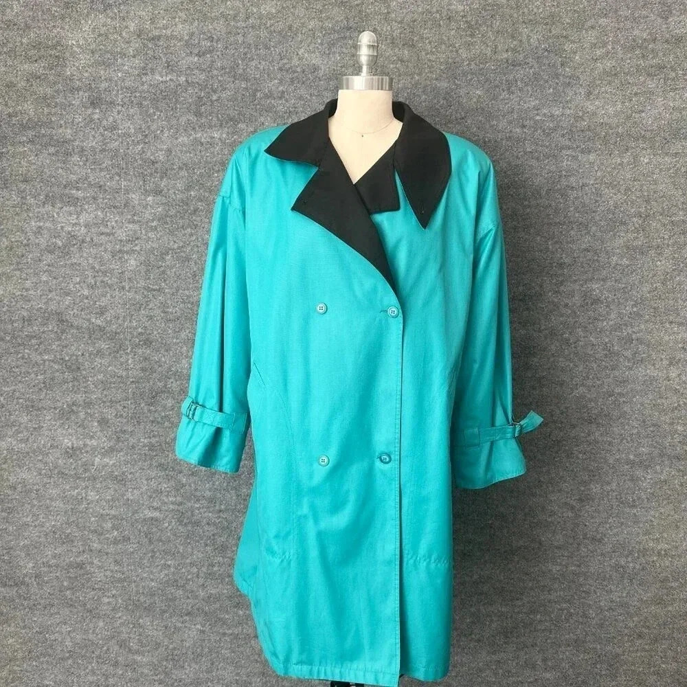 Vintage London Fog Trench Coat‎ Womens L / 14 Teal Bold Double Breasted Jacket